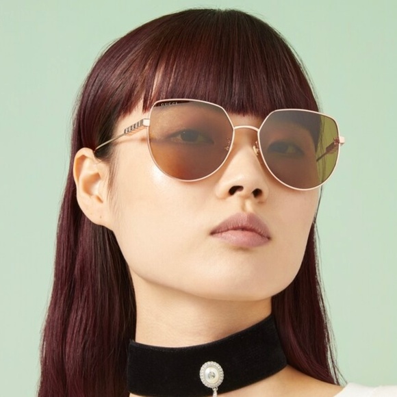 NEW GG1435SA 002 GUCCI GOLD BROWN GEOMETRIC WOMEN GUCCI SUNGLASSES - Picture 2 of 12